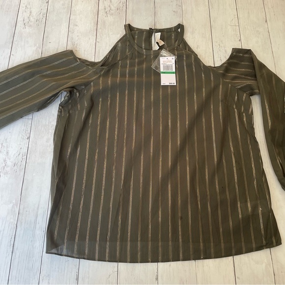 Michael Kors Metallic Stripe Cold-Shoulder Top Ivy work grandmacore light flowy - Picture 11 of 11
